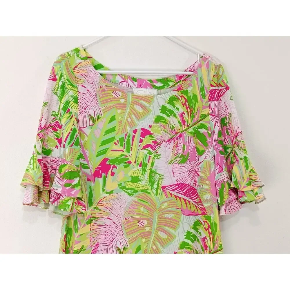 Pappagallo Women’s Oasis Shift Dress Flutter Sleeve Pink Green Tropical Beach L
